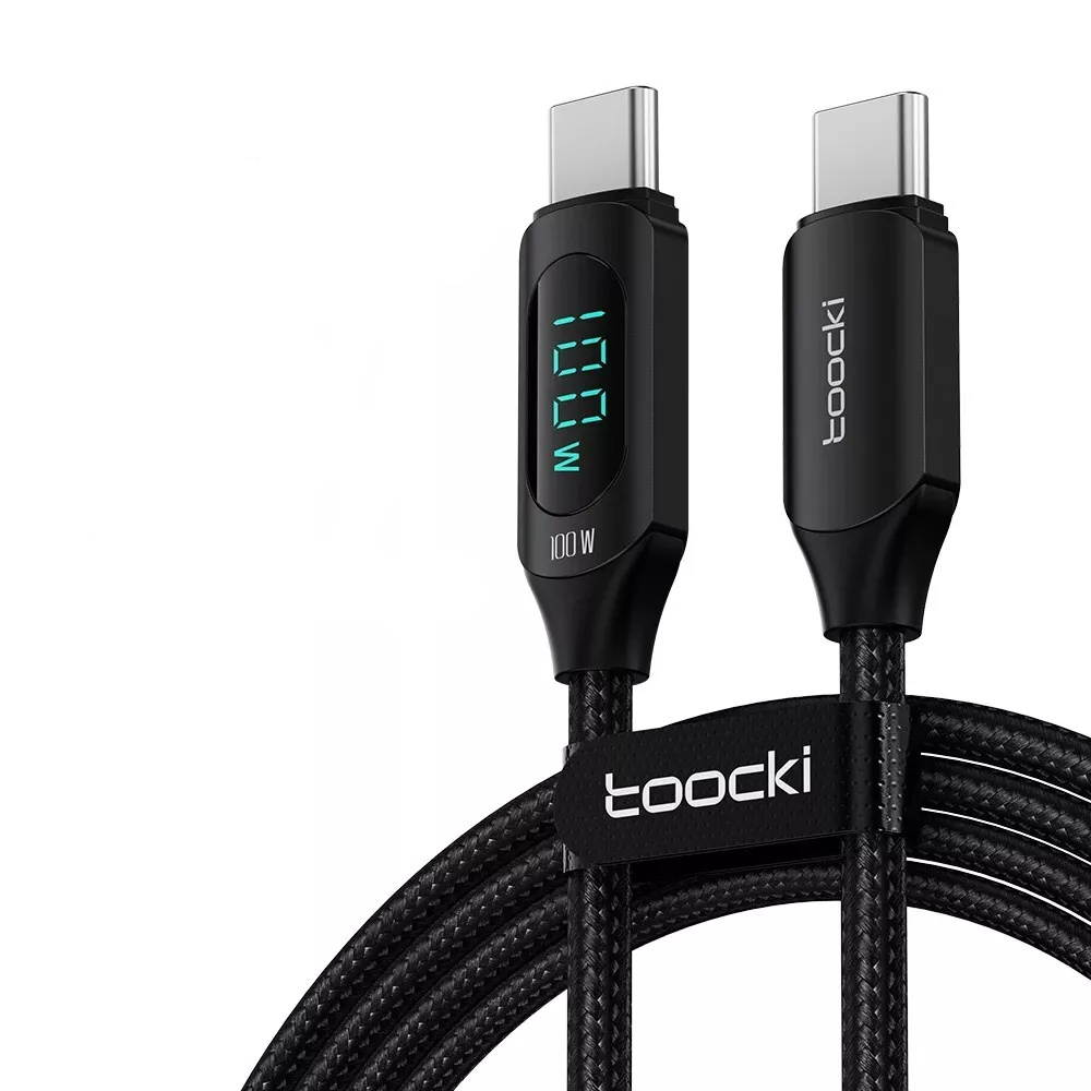 Datový a nabíjecí kabel Toocki PD 100W USB-C na USB-C s displejem - délka 2m - černý opletený